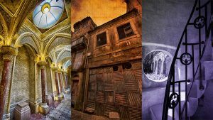 collage HDR images monserat palace sintra, old building porto, staircase cast iron railing Quinta regaleira sintra
